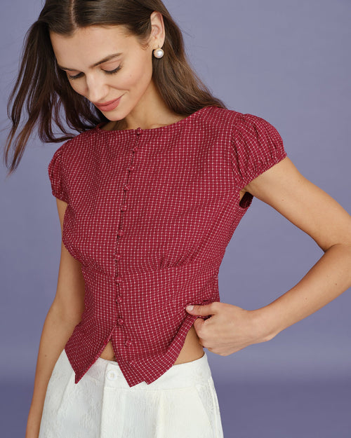 Blusa roja a cuadros con escote barco