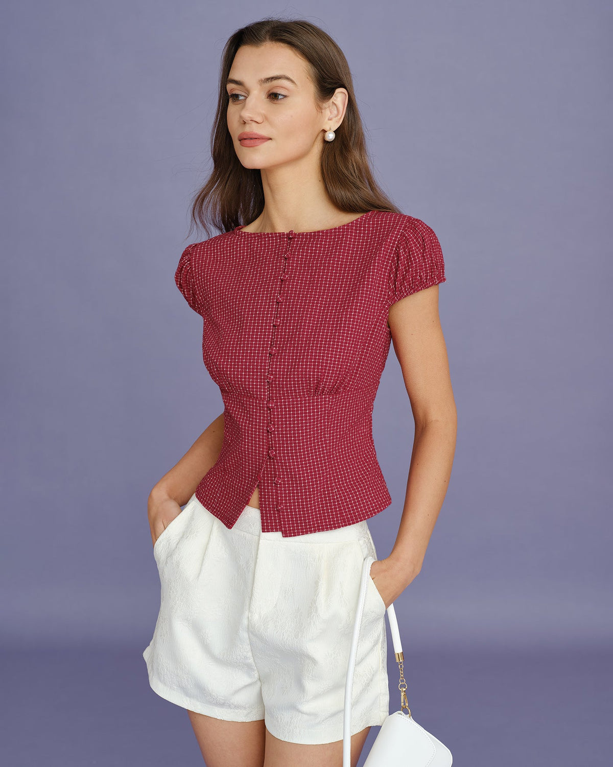 Blusa roja a cuadros con escote barco