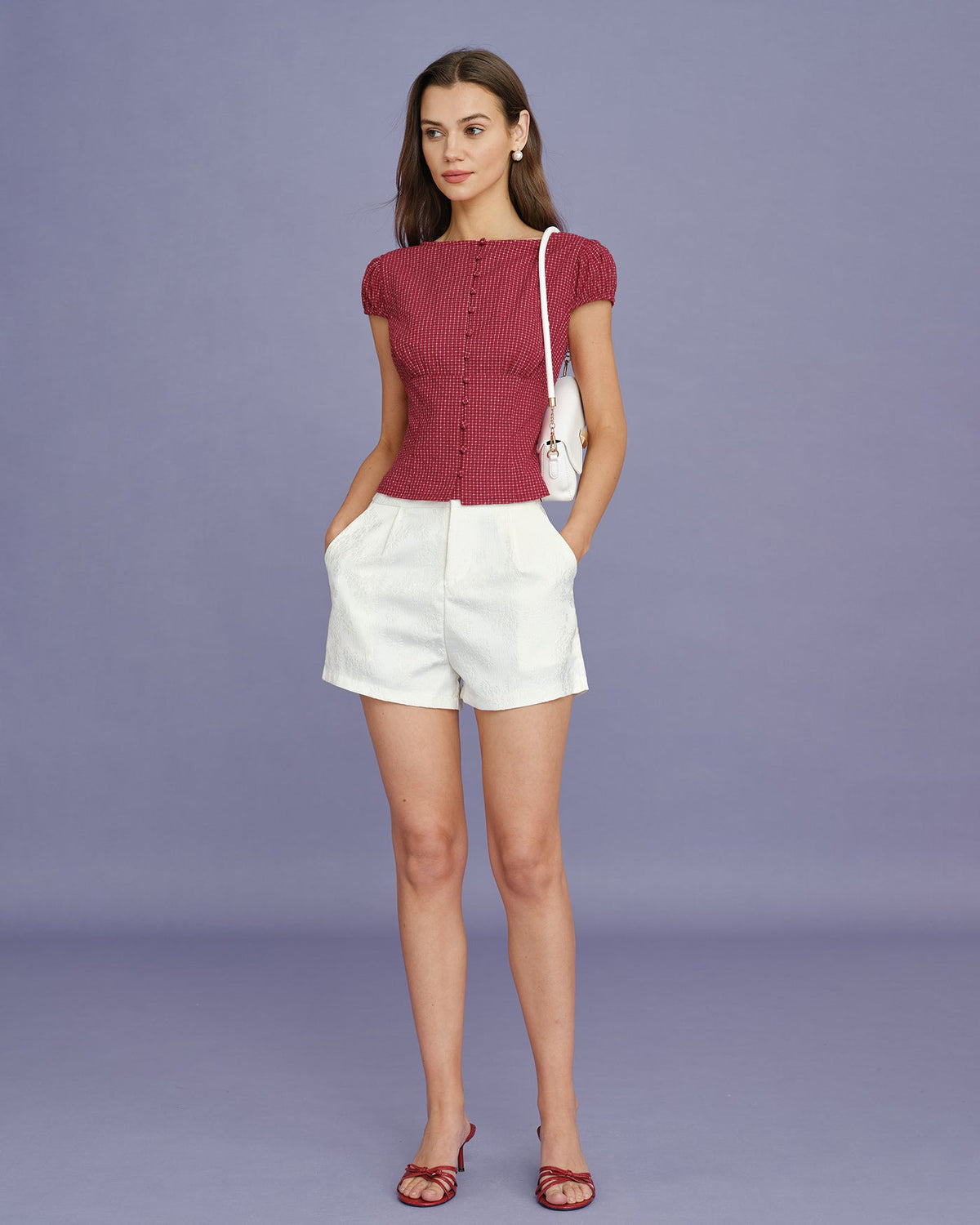 Blusa roja a cuadros con escote barco