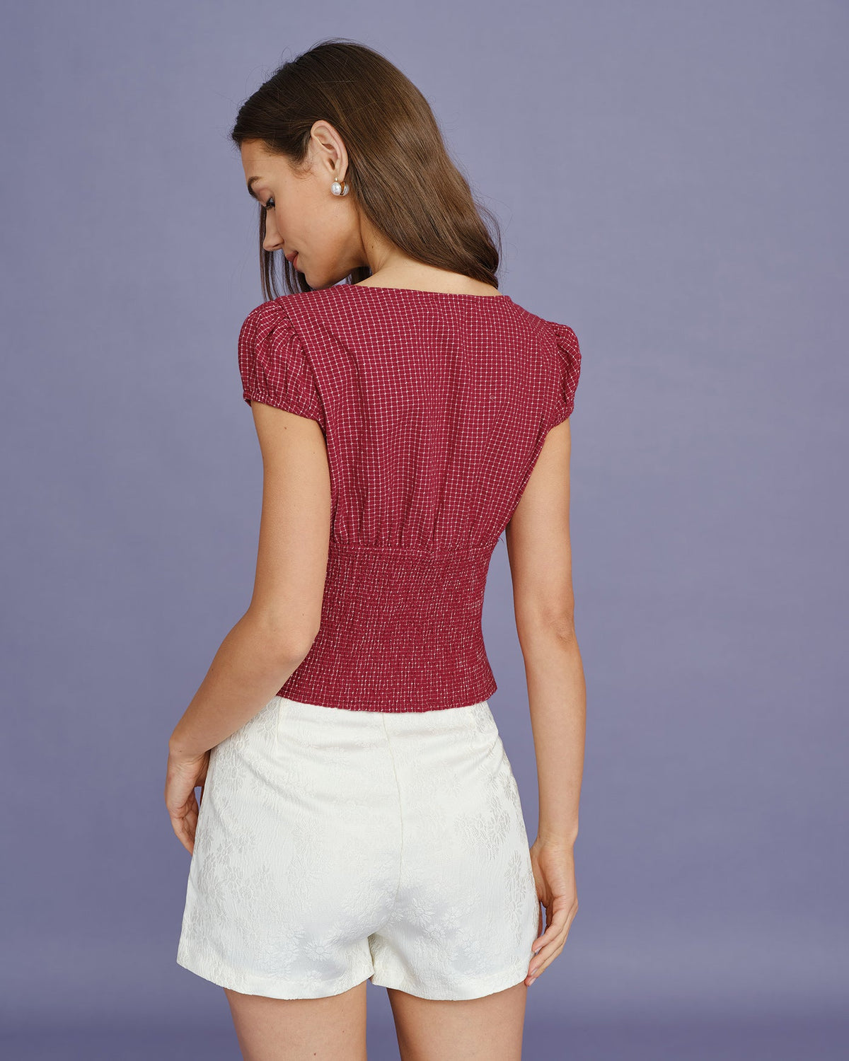 Blusa roja a cuadros con escote barco