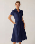 Vestido midi azul marino de manga corta con bolsillos
