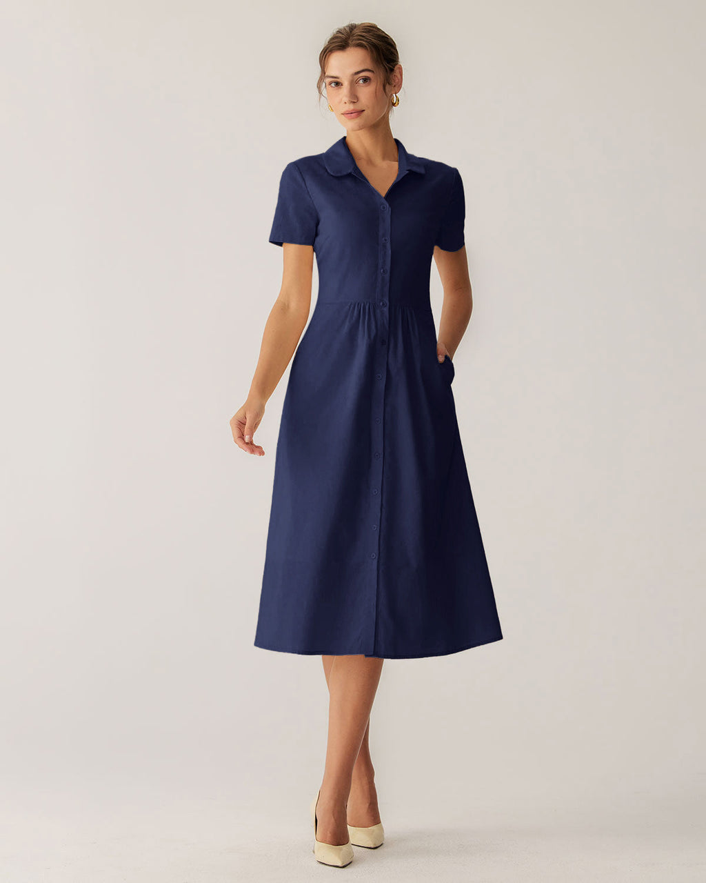 Vestido midi azul marino de manga corta con bolsillos