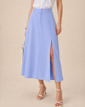 Falda midi de línea A azul con botones y abertura