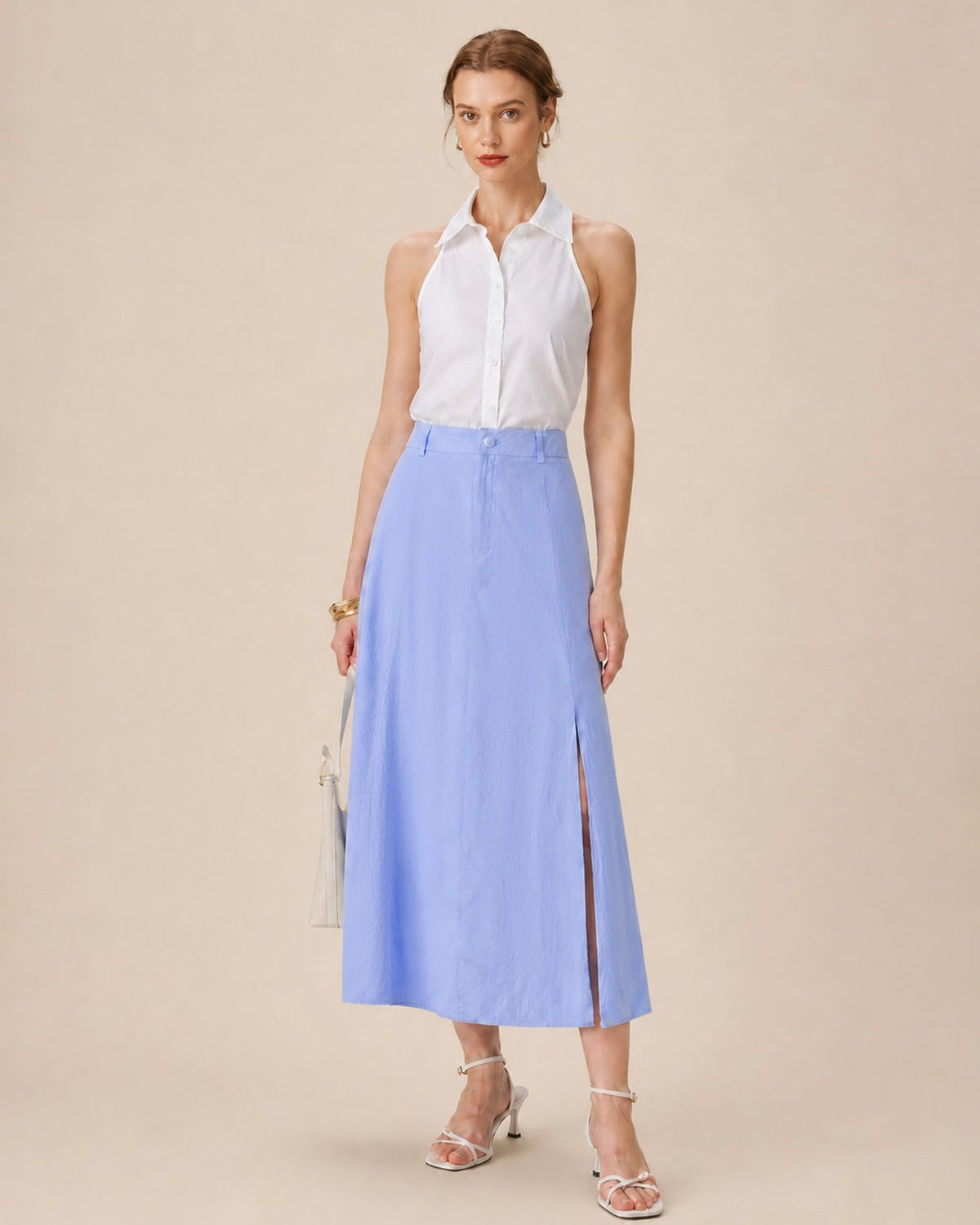 Falda midi de línea A azul con botones y abertura