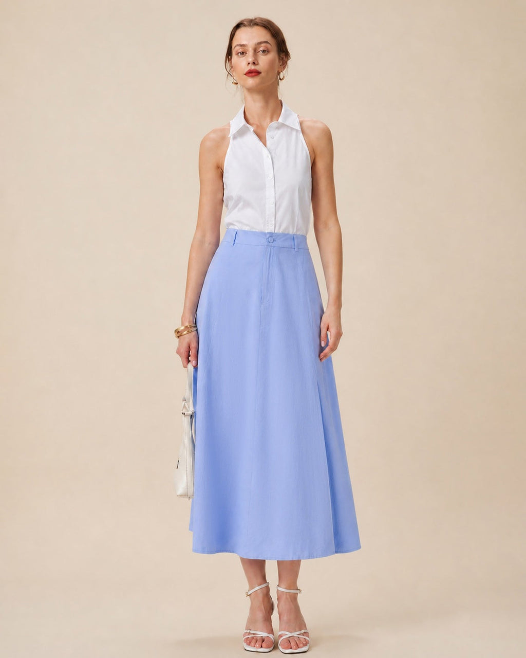 Falda midi de línea A azul con botones y abertura