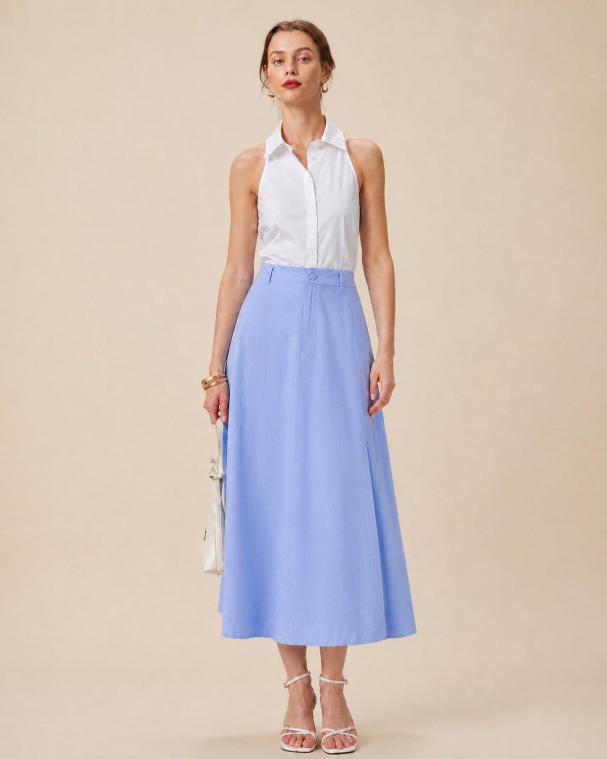 Falda midi de línea A azul con botones y abertura