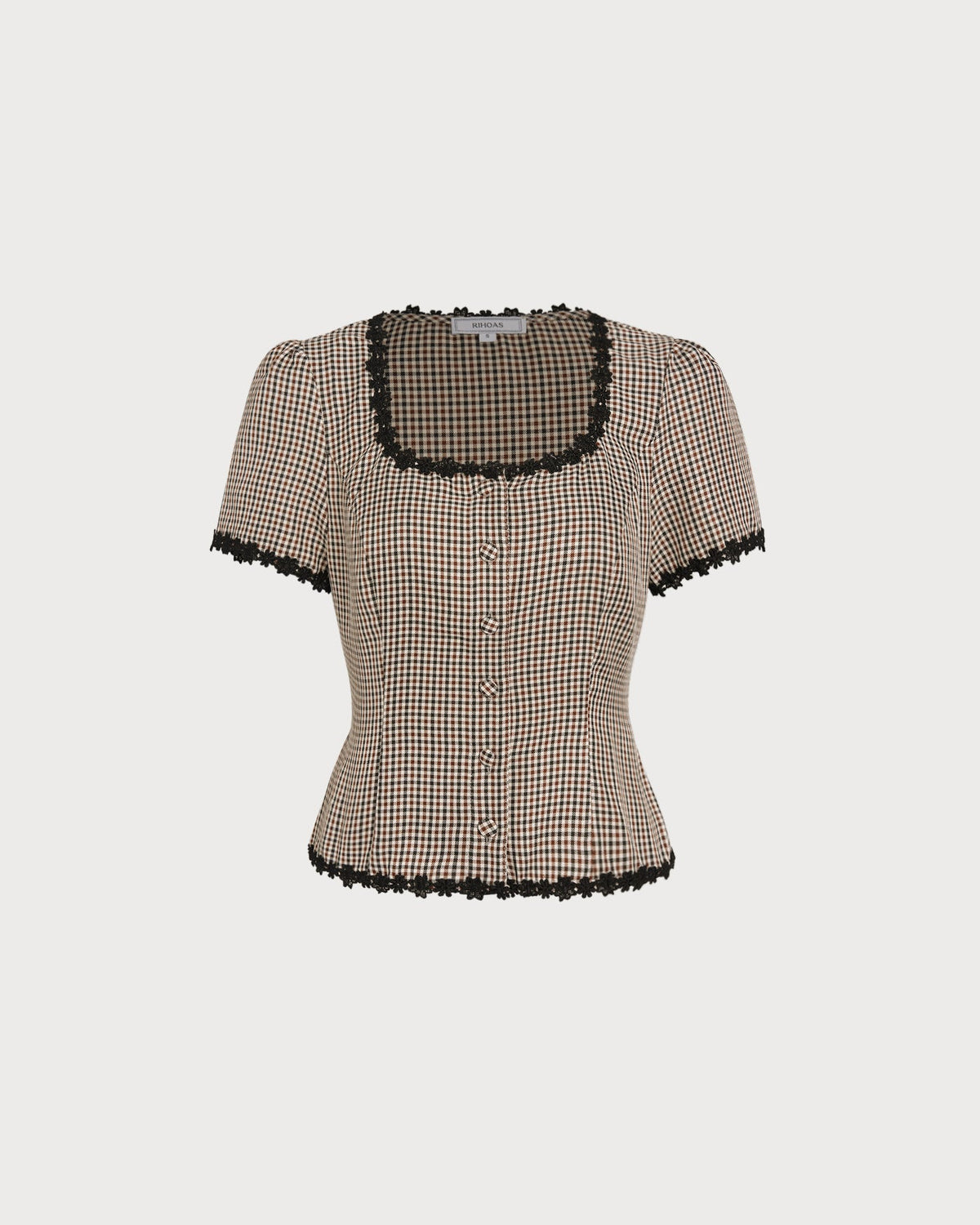 Blusa a cuadros color café con cuello cuadrado