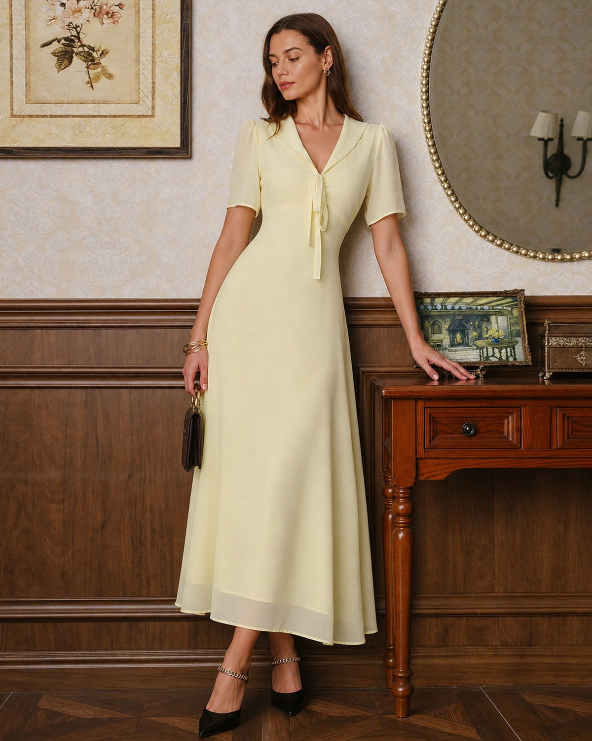 Vestido maxi de túnica amarillo con escote en V y lazo