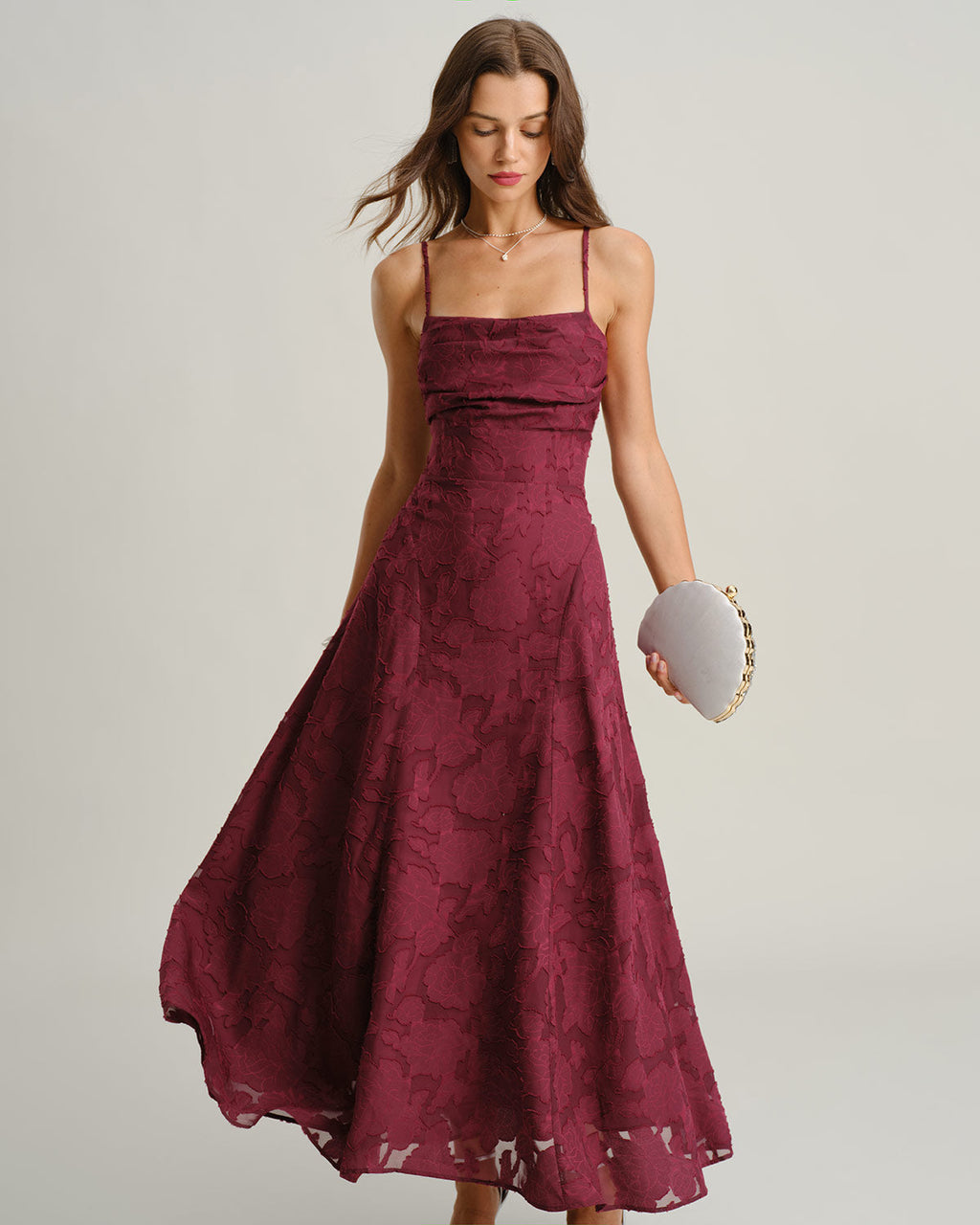 Vestido largo de jacquard rojo burdeos, estilo slip