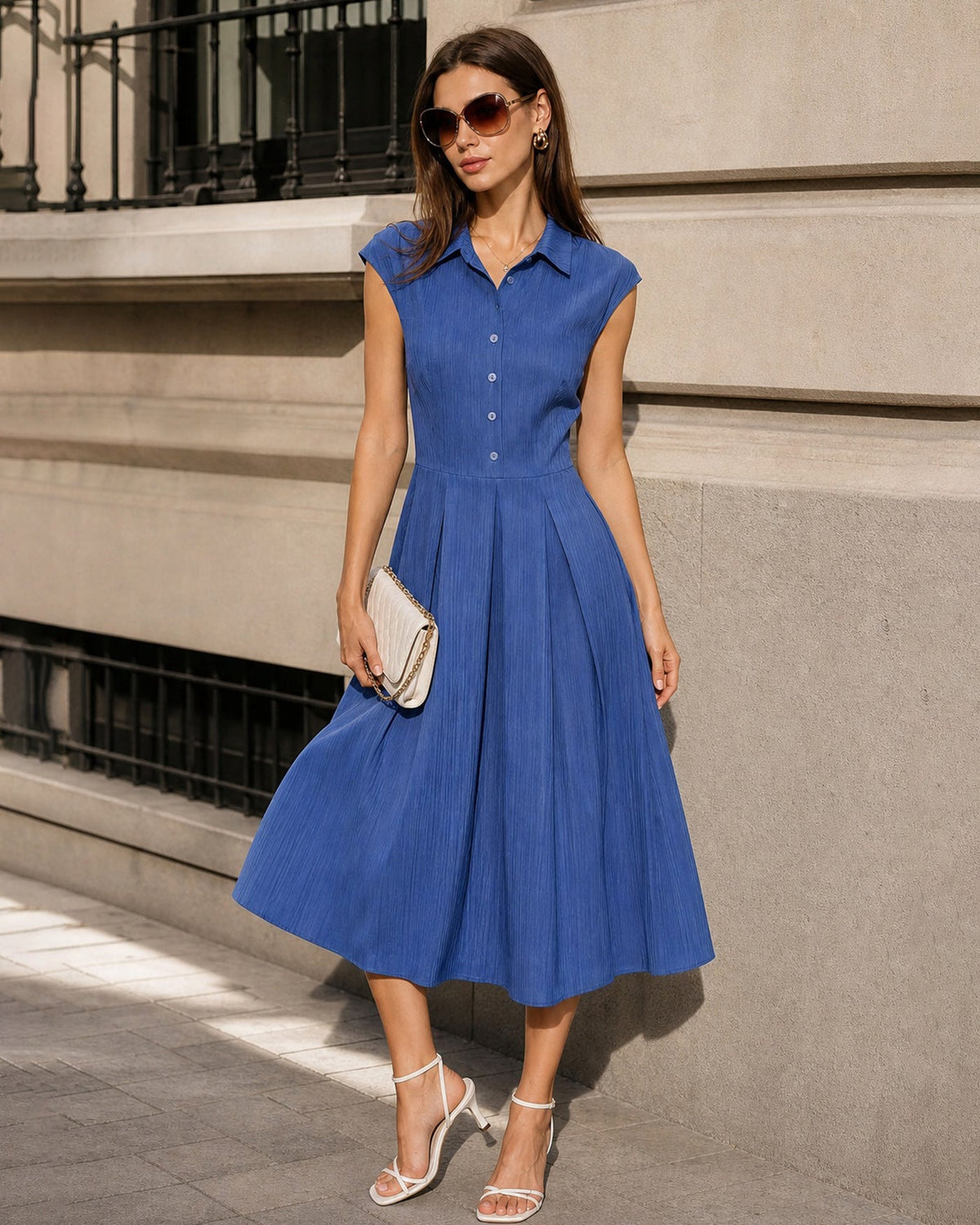 Vestido midi con cuello azul y botones