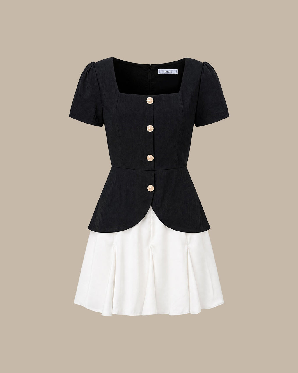 Vestido corto negro de cuello cuadrado con contraste