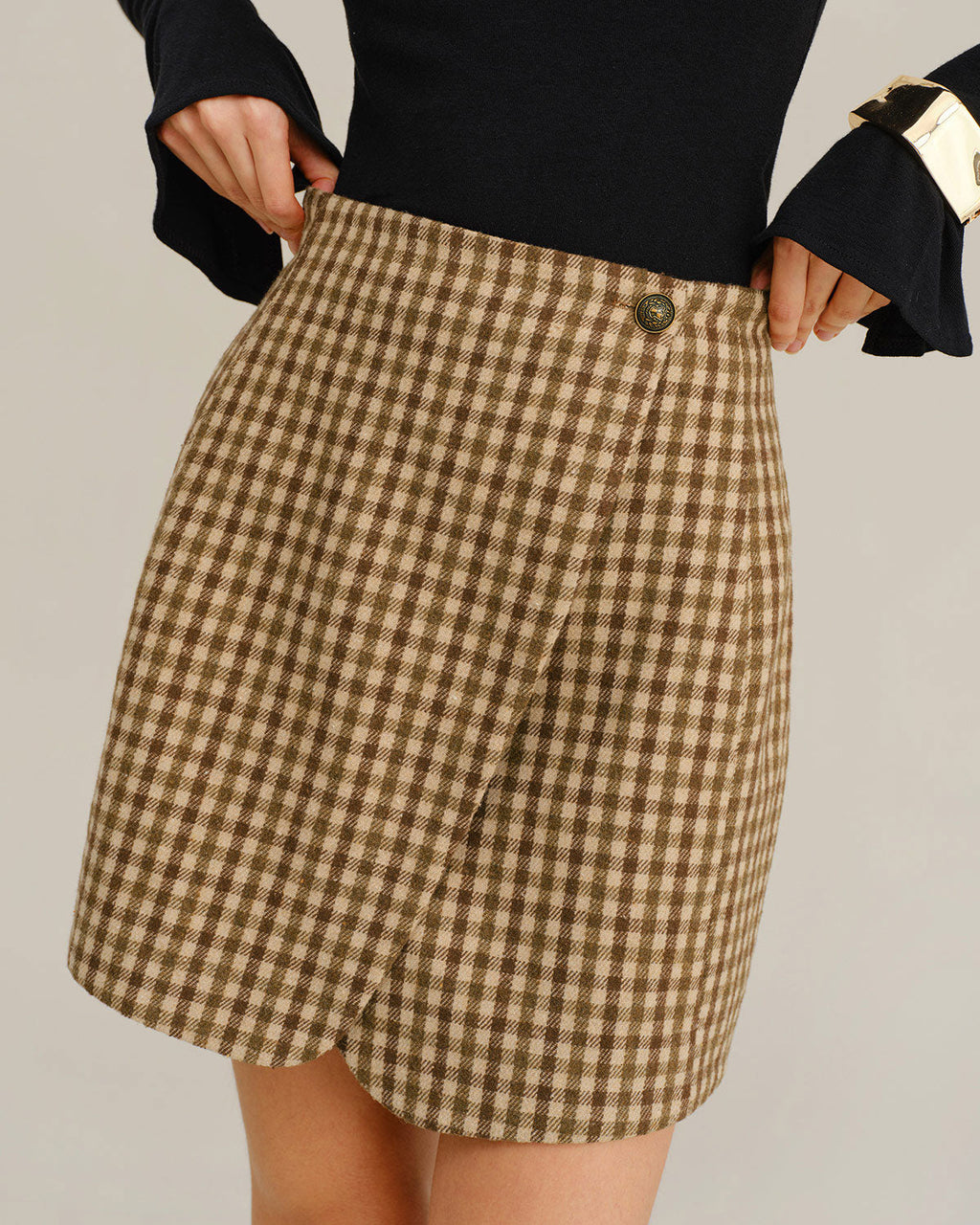 Falda mini envolvente a cuadros caqui